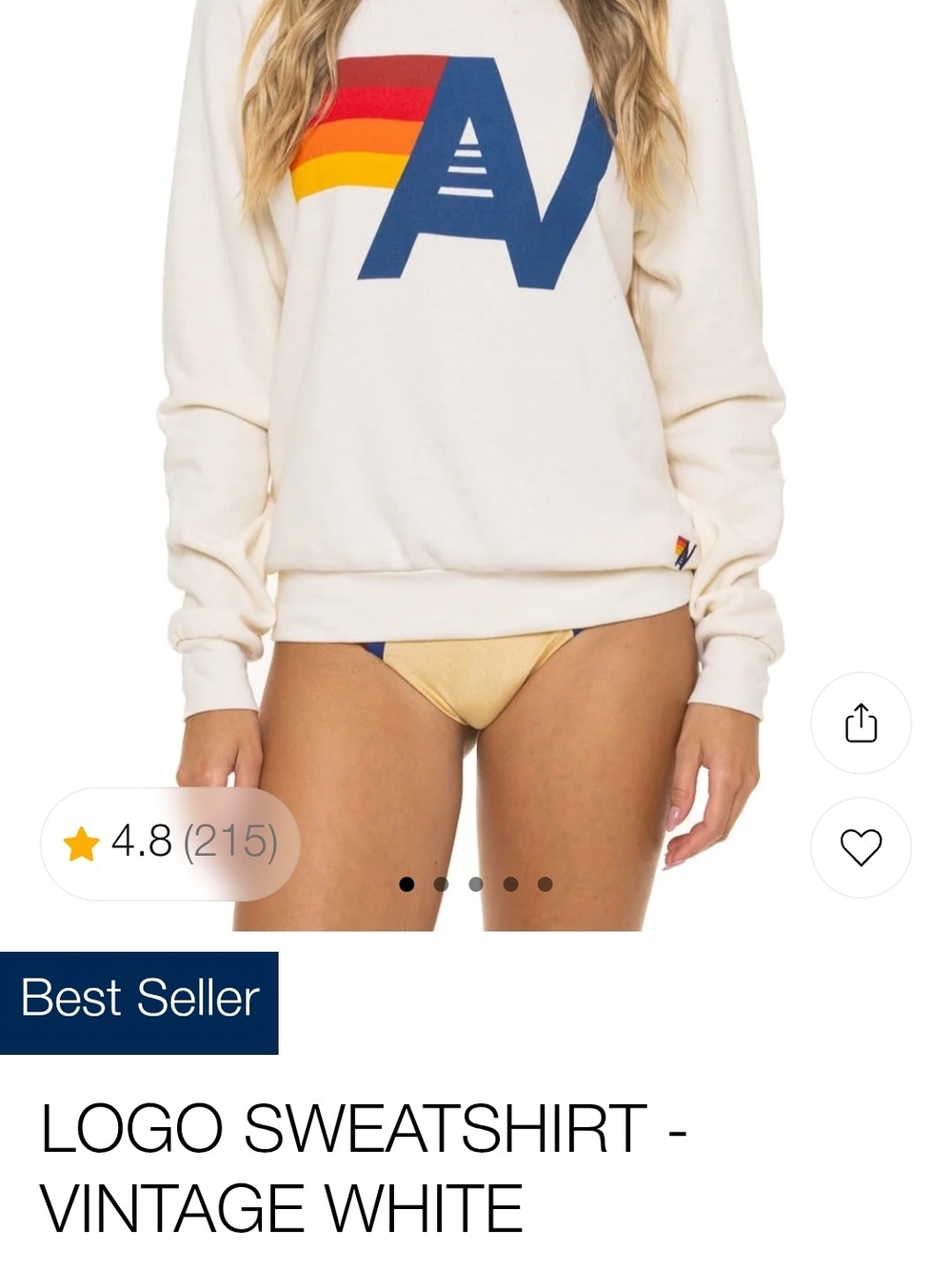 Aviator Nation Vintage White Crewneck with Rainbow AV Logo Large